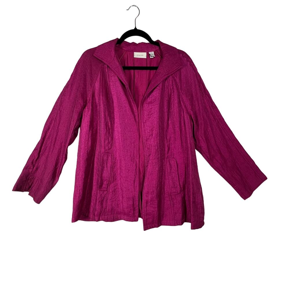 CHICOS Jacket Womens 1 Medium 8 Fuchsia Pink Crinkle Belted Long Sleeve Blazer